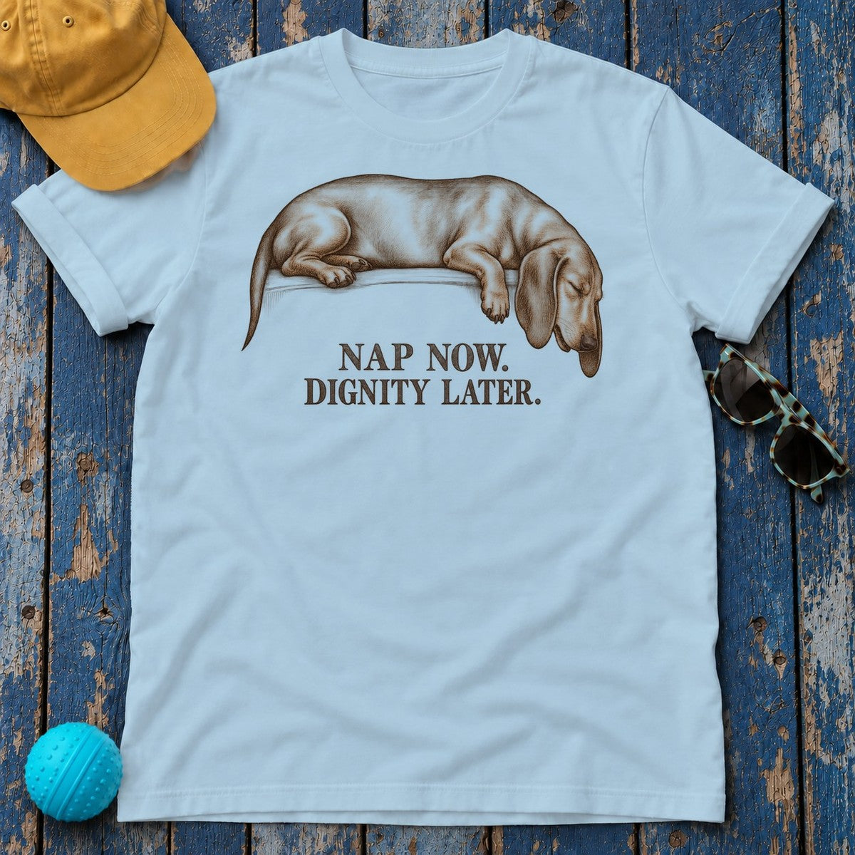 Nap Now Dignity Later Dachshund T-Shirt in Light Blue - flat lay