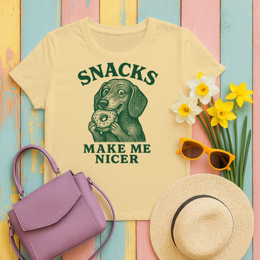 Snacks Make Me Nicer Dachshund T-Shirt in Yellow Haze