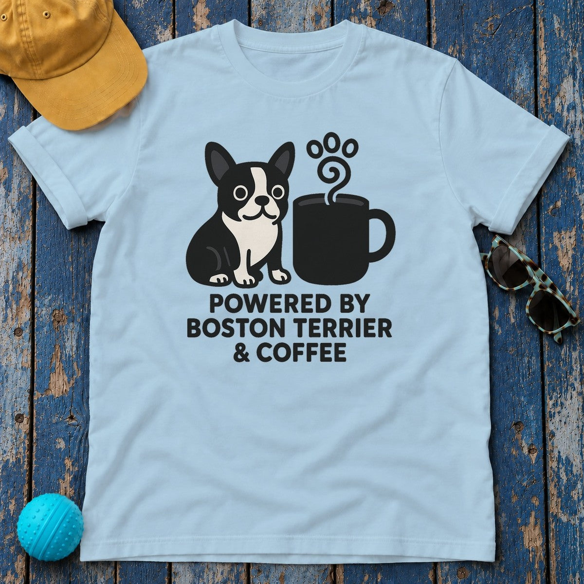 Boston Terrier & Coffee Mojo T-Shirt in Light Blue
