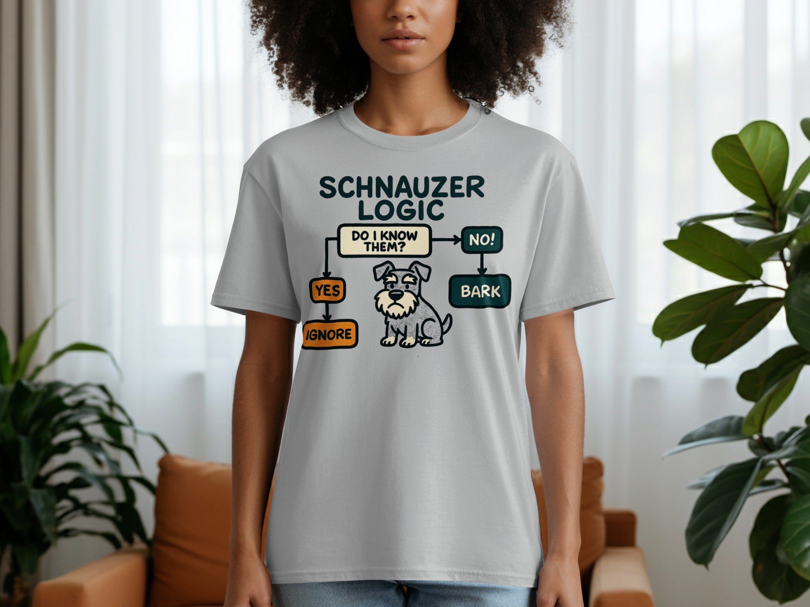 T-shirt with Schnauzer Logic flowchart and cartoon schnauzer dog.
