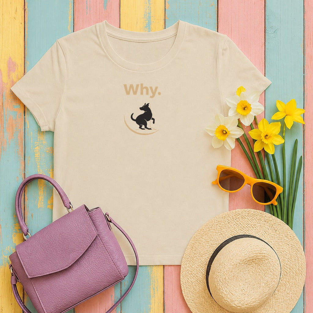 Why Curious Dog Silhouette Playful Question Design T-Shirt in Sand