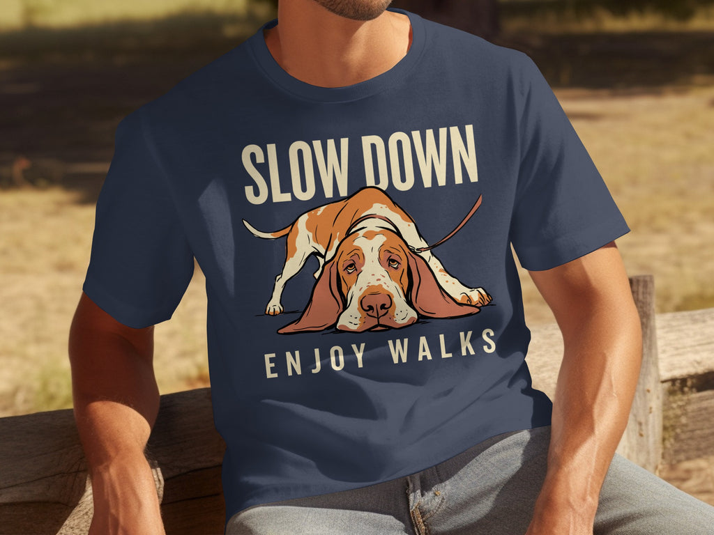 Navy t-shirt with "SLOW DOWN ENJOY WALKS" and a basset hound graphic.
