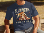 Navy t-shirt with "SLOW DOWN ENJOY WALKS" and a basset hound graphic.
