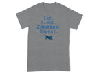 Gray t-shirt with blue text "Eat. Sleep. Zoomies. Repeat." and a dog silhouette.