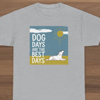 Gray t-shirt with a graphic of a dog and text 'Dog Days are the Best Days' on a wooden surface