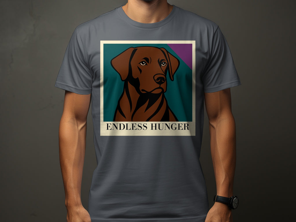 Gray t-shirt with "ENDLESS HUNGER" text and a brown dog portrait graphic.