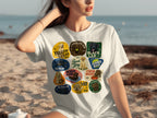T-shirt with a collage of vintage-style dog breed labels featuring labs and a chow hound.