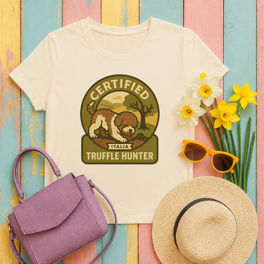 lagotto romagnolo truffle-hunter-badge tee flat lay hero