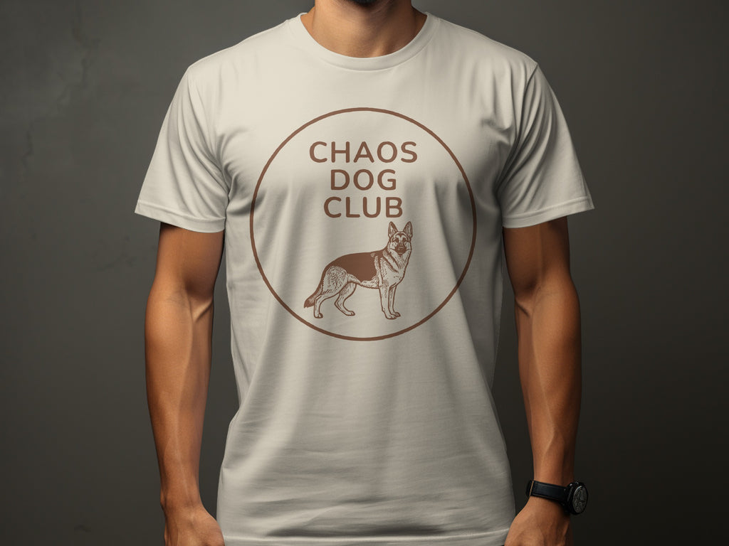 Cream t-shirt with brown circle logo featuring a German Shepherd and "CHAOS DOG CLUB" text.