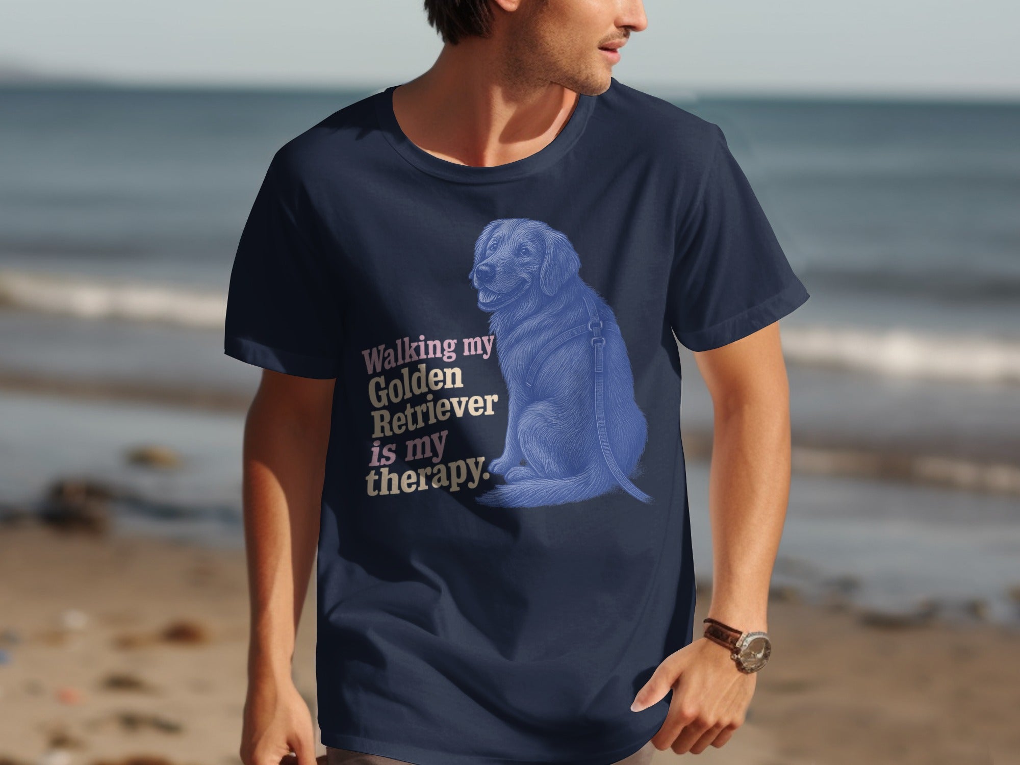 Navy t-shirt with blue Golden Retriever graphic and text: "Walking my Golden Retriever is my therapy."