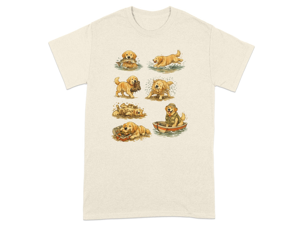 Illustration of golden retrievers in various amusing outdoor activities on a beige t-shirt.
