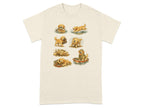 Illustration of golden retrievers in various amusing outdoor activities on a beige t-shirt.