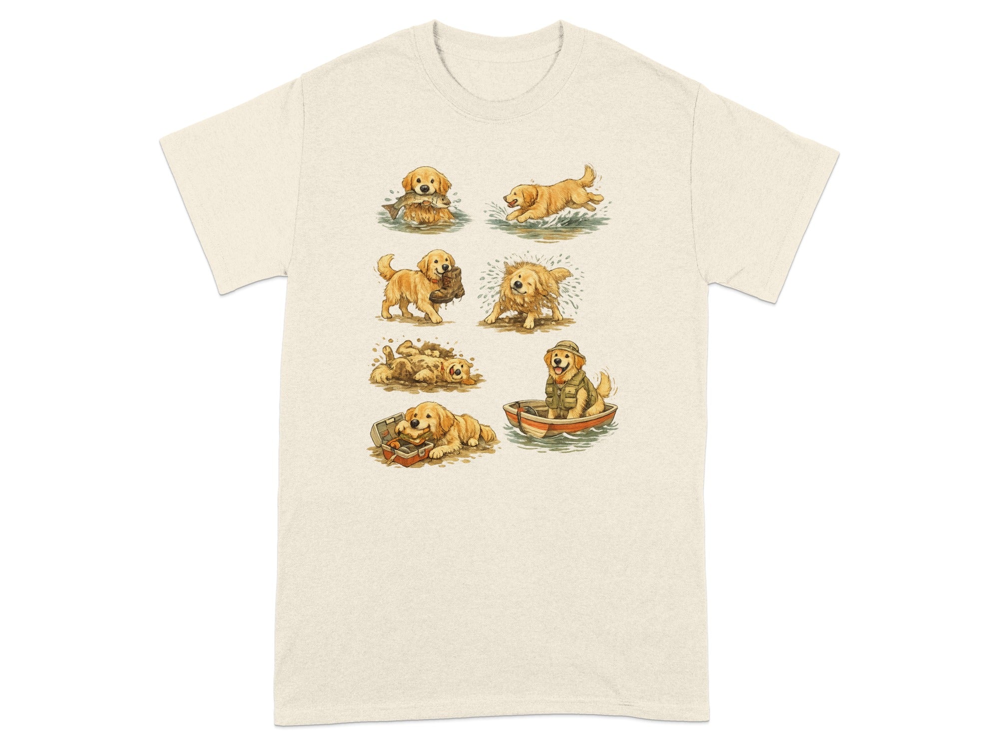 Illustration of golden retrievers in various amusing outdoor activities on a beige t-shirt.