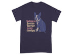 Boston Terrier graphic with text saying "Walking my Boston Terrier is my therapy."