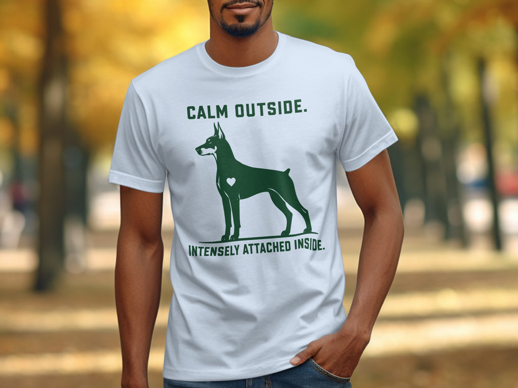 White t-shirt with green Doberman silhouette and text.