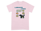 Pink t-shirt with Labrador Logic flowchart about fitting toys in mouth.