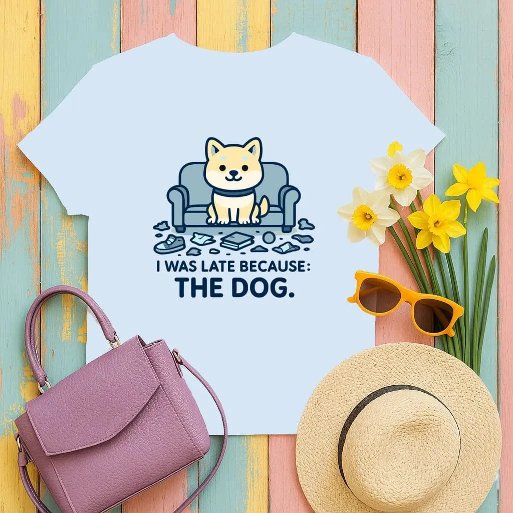 I Was Late Because The Dog Cute Puppy Design T-Shirt Light Blue T-shirt