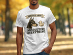 White t-shirt with a dog and rubber duck graphic and text.