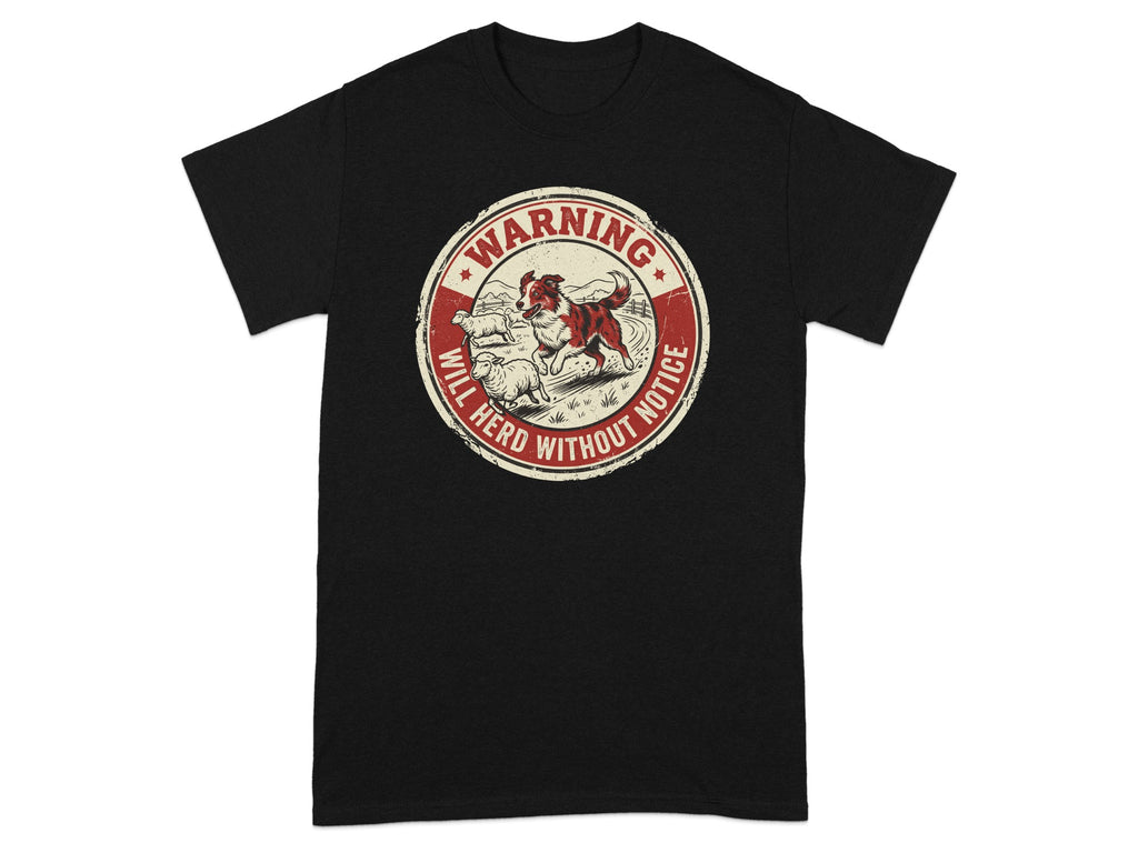 Black t-shirt with a circular graphic of dogs herding sheep.