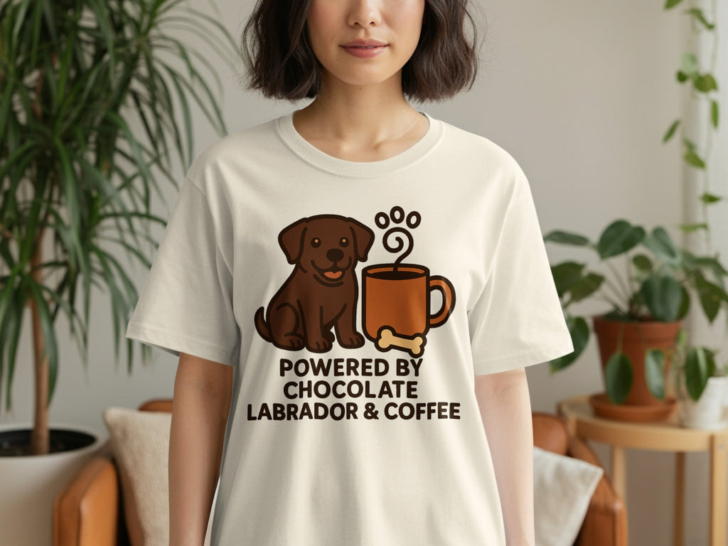 Cream t-shirt with brown Labrador pup, coffee mug, dog bone, and text.