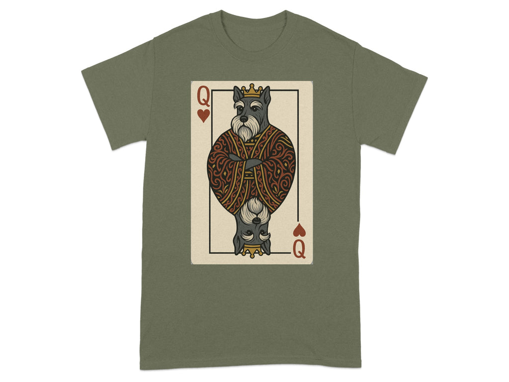 Queen of hearts playing card with a schnauzer wearing a crown and ornate robe.