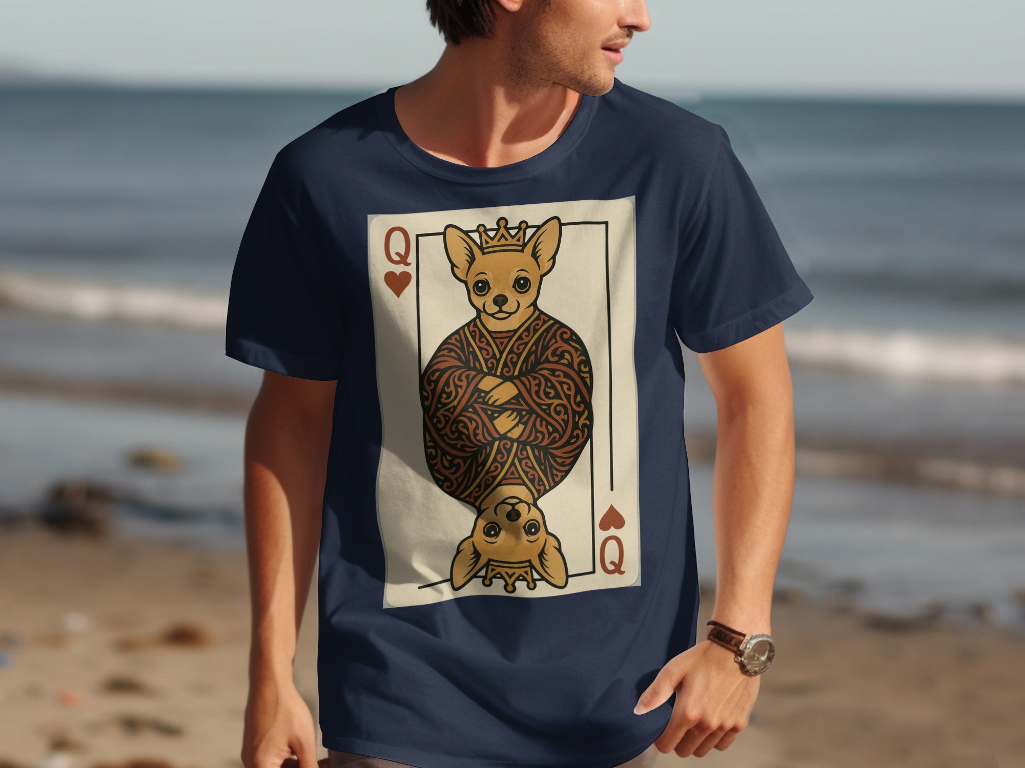 Chihuahua Queen of Hearts playing card graphic print on navy t-shirt.