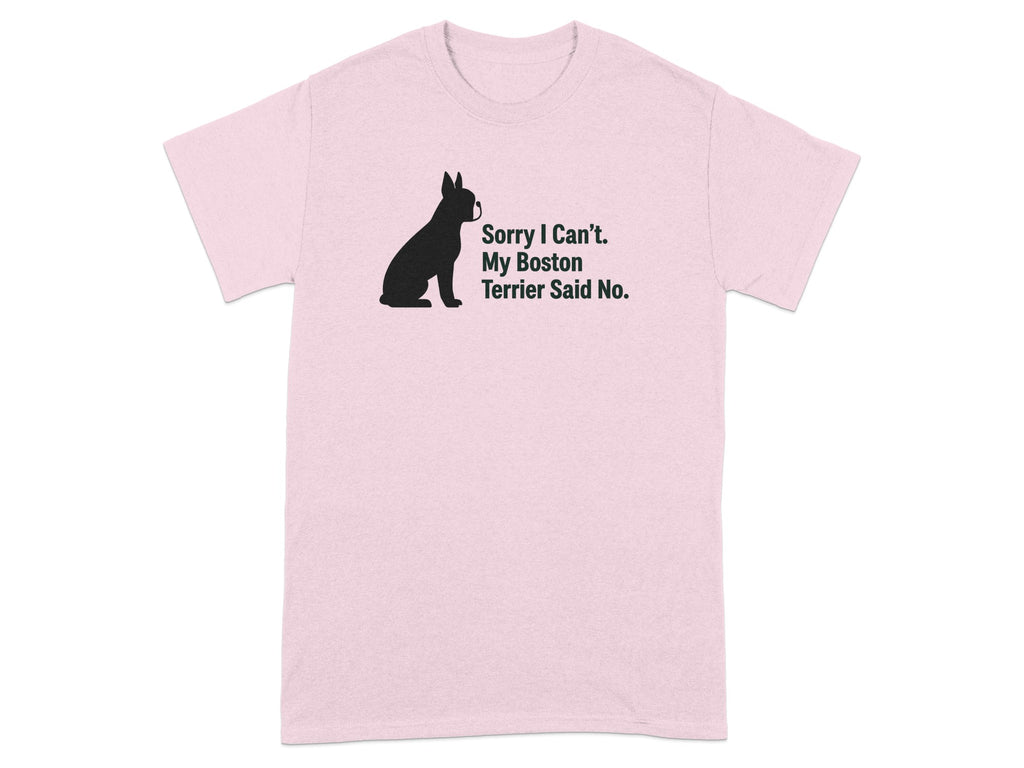 Pink t-shirt with black Boston Terrier silhouette and text.