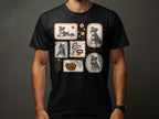 T-shirt with multiple framed illustrations of schnauzers and dog accessories.