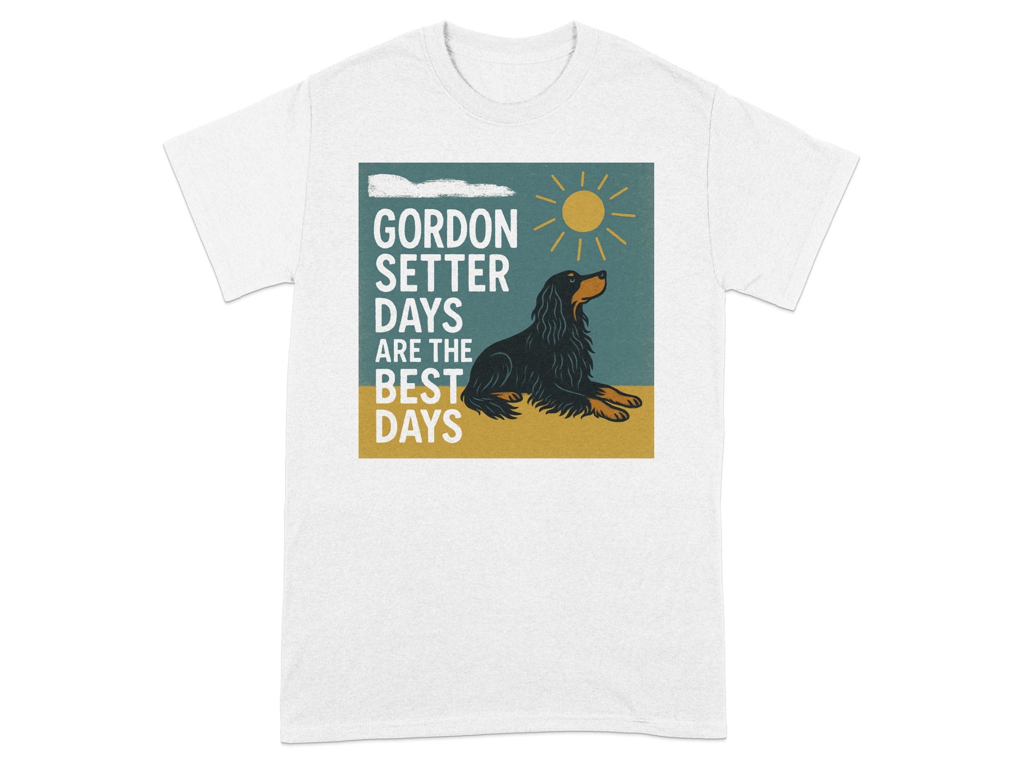 Gordon Setter Days graphic with text and dog illustration on a white t-shirt.