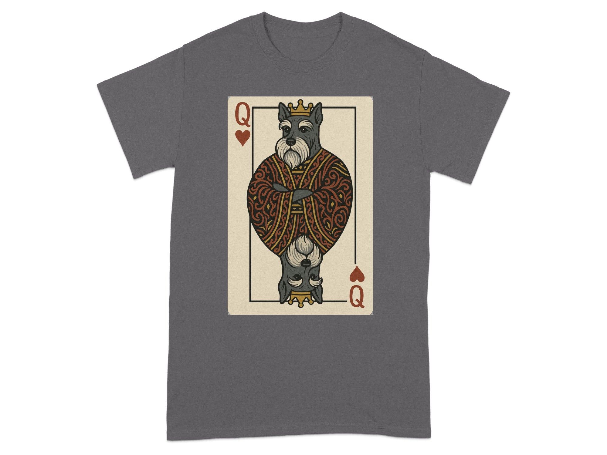 Queen of Hearts card featuring a schnauzer dog in regal attire.
