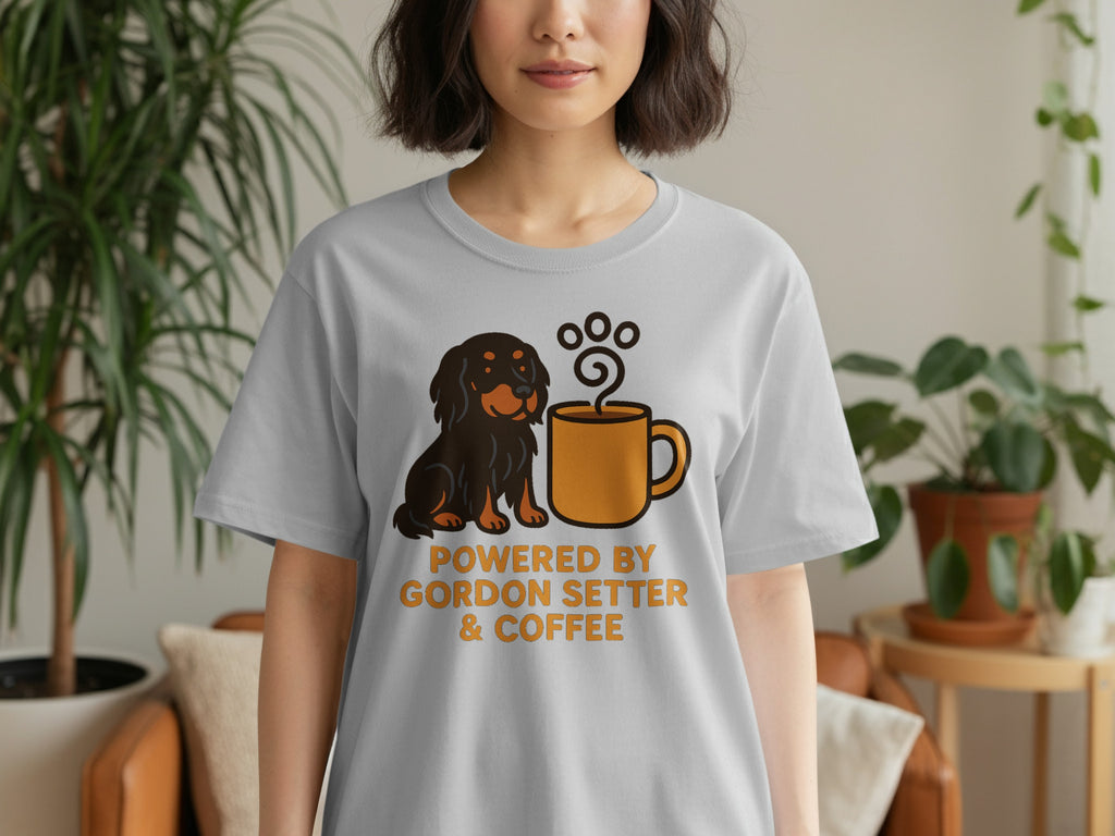 Gordon Setter and coffee graphic on a light grey t-shirt. "Powered by Gordon Setter & Coffee."