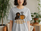 Gordon Setter and coffee graphic on a light grey t-shirt. "Powered by Gordon Setter & Coffee."