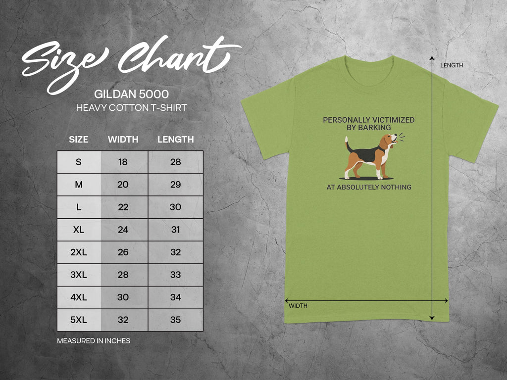 Gildan 5000 t-shirt size chart with "Personally Victimized by Barking" graphic.