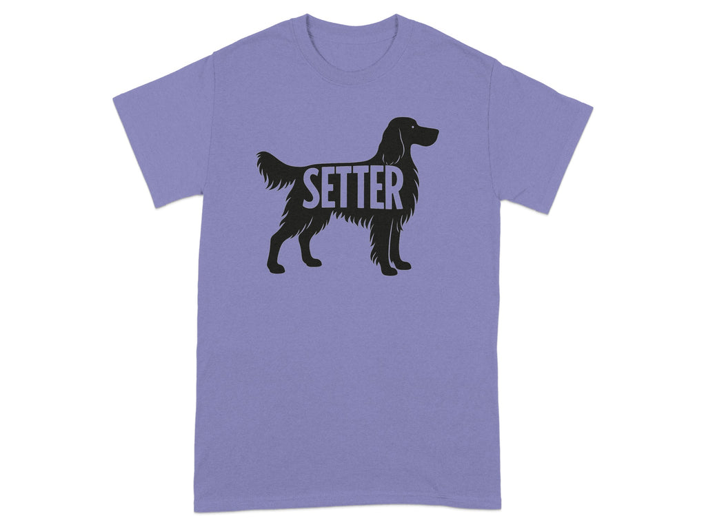 Lilac t-shirt with black silhouette of a setter dog and the word SETTER.