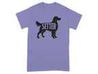 Lilac t-shirt with black silhouette of a setter dog and the word SETTER.