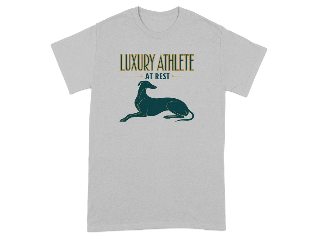 Grey t-shirt with "LUXURY ATHLETE AT REST" and a greyhound illustration.