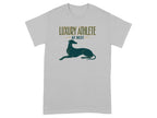 Grey t-shirt with "LUXURY ATHLETE AT REST" and a greyhound illustration.