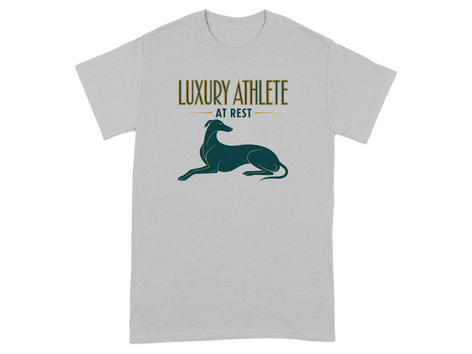 Grey t-shirt with "LUXURY ATHLETE AT REST" and a greyhound illustration.