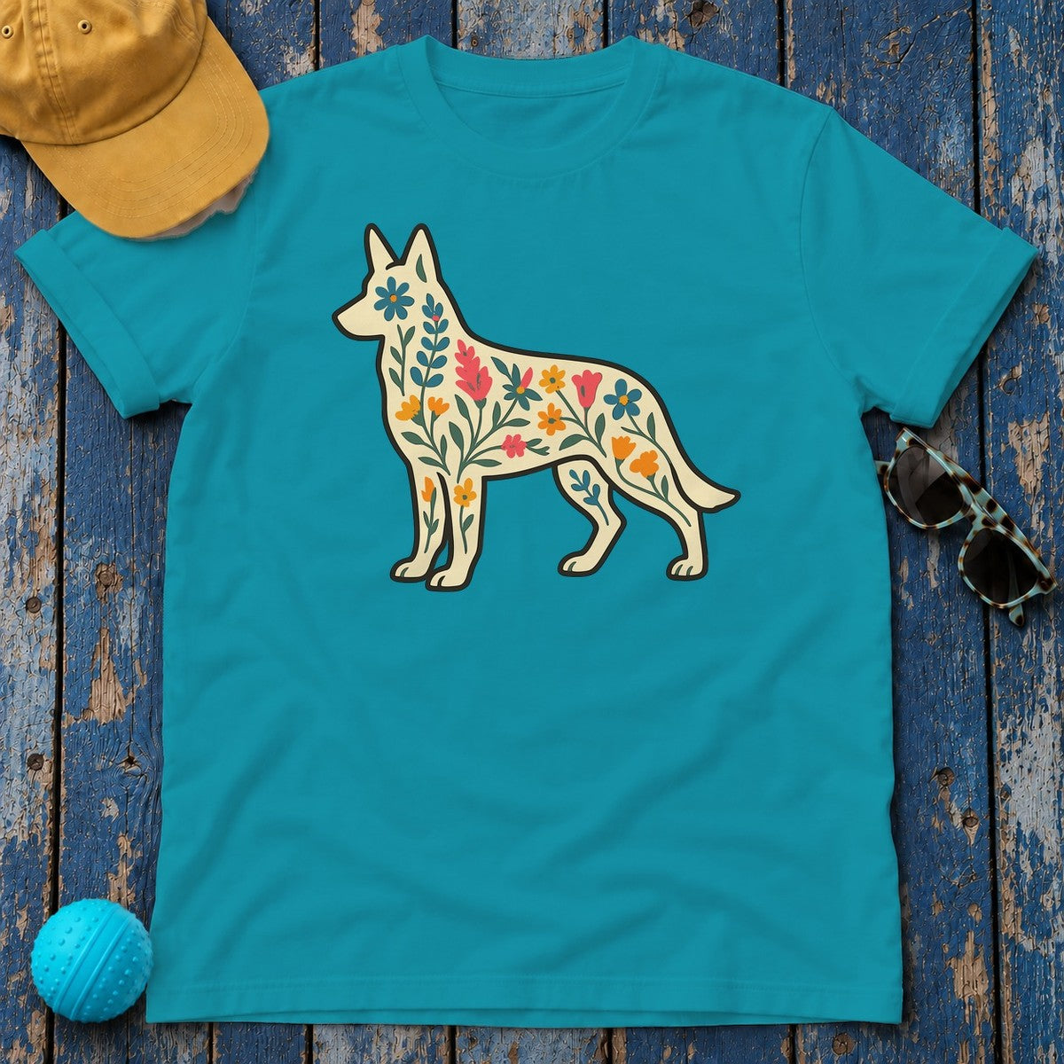 Floral German Shepherd T-Shirt in Tropical Blue