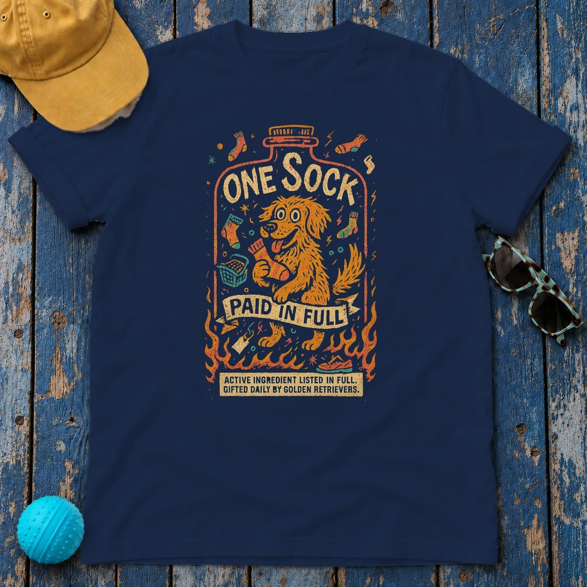 Golden Retriever One Sock T-Shirt in Navy