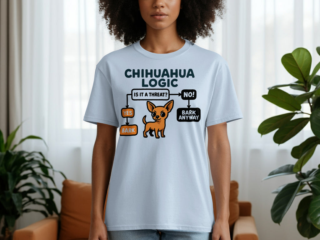 Light blue t-shirt with Chihuahua Logic flowchart graphic.