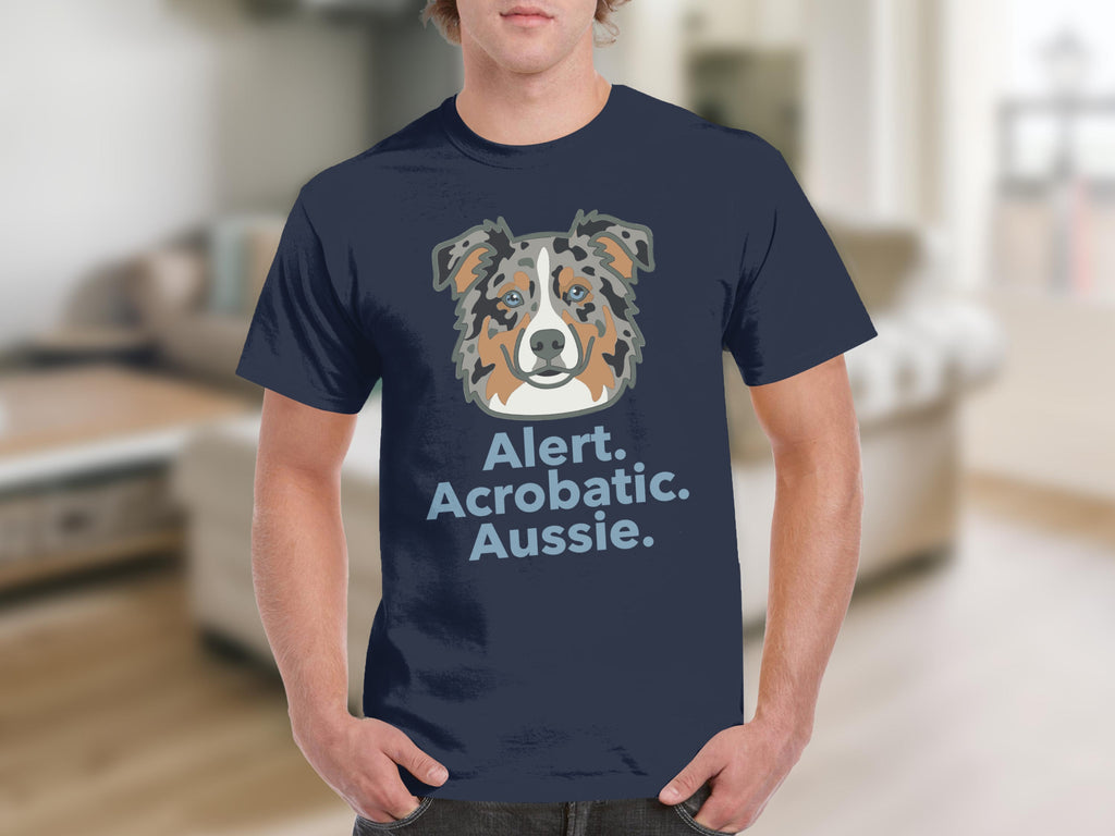 Navy t-shirt with the words "Alert. Acrobatic. Aussie." and an Australian Shepherd dog graphic.