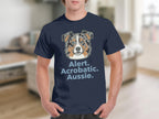 Navy t-shirt with the words "Alert. Acrobatic. Aussie." and an Australian Shepherd dog graphic.