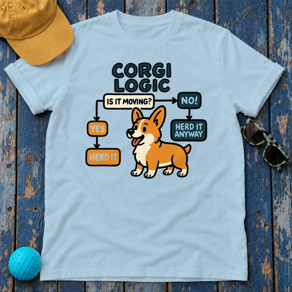 Corgi Logic Flowchart | Illustrated T-Shirt in Light Blue
