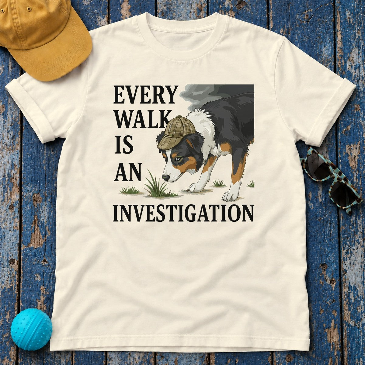 Every Walk Is An Investigation Australian Shepherd T-Shirt in Natural
