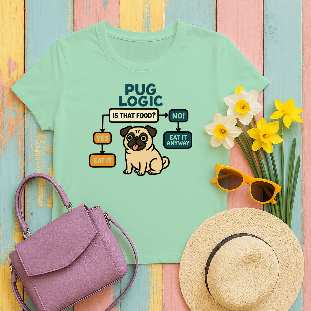 Pug Logic Flowchart Humor T-Shirt in Mint Green