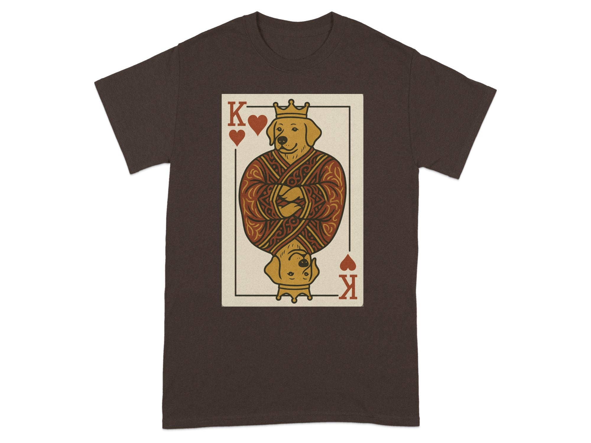T-shirt with King of Hearts playing card featuring a golden retriever wearing a crown.