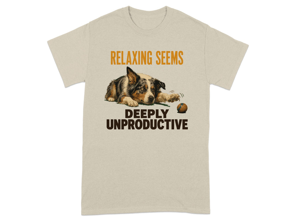 T-shirt with a dog lying down and the text "DEEPLY UNPRODUCTIVE".