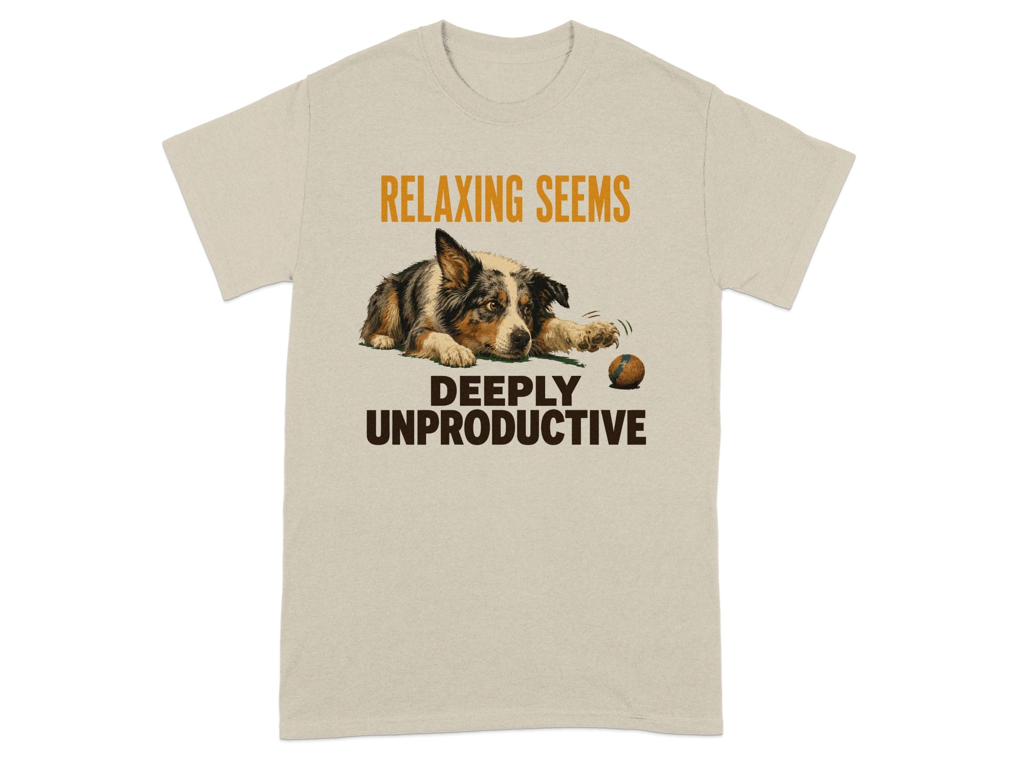 T-shirt with a dog lying down and the text "DEEPLY UNPRODUCTIVE".