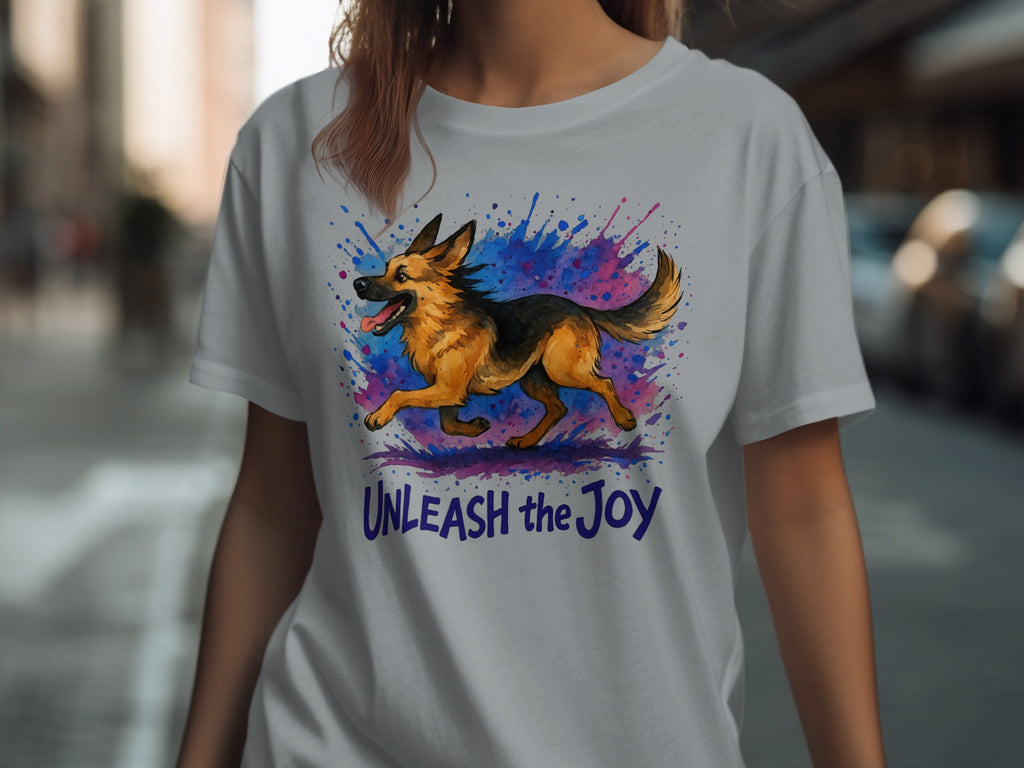 German Shepherd running with colorful splashes and text "UNLEASH the Joy".
